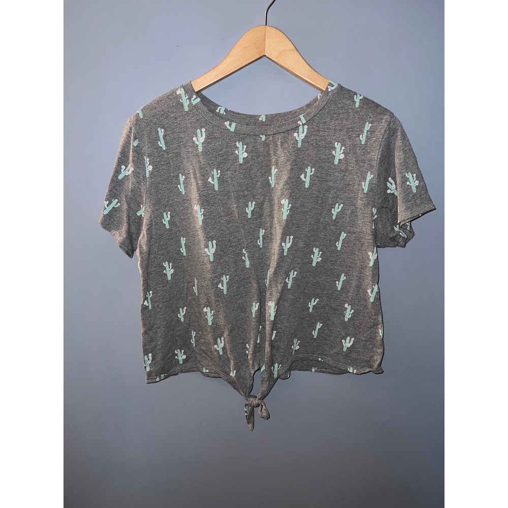 Fifth Sun Womens XL Grey Cactus Print Front Tie Knot Crop T-Shirt Short‎ Sleeve